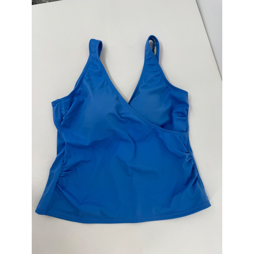 Lands' End Sz 10 Womens Blue Ruched Wrap Front Tankini‎ Swimsuit Top V-Neck